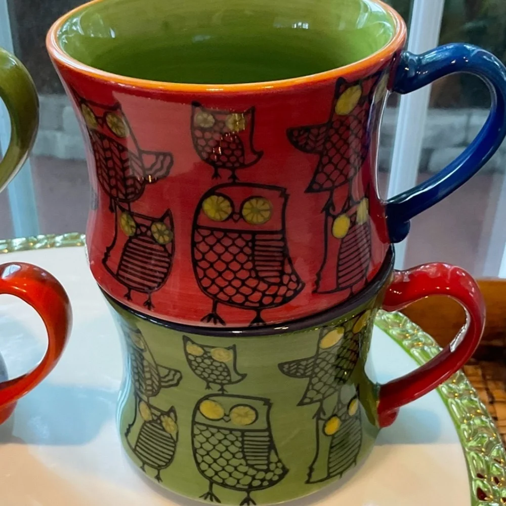 Pier 1 Stackable Colorful Owl Coffee Mugs 4 Total